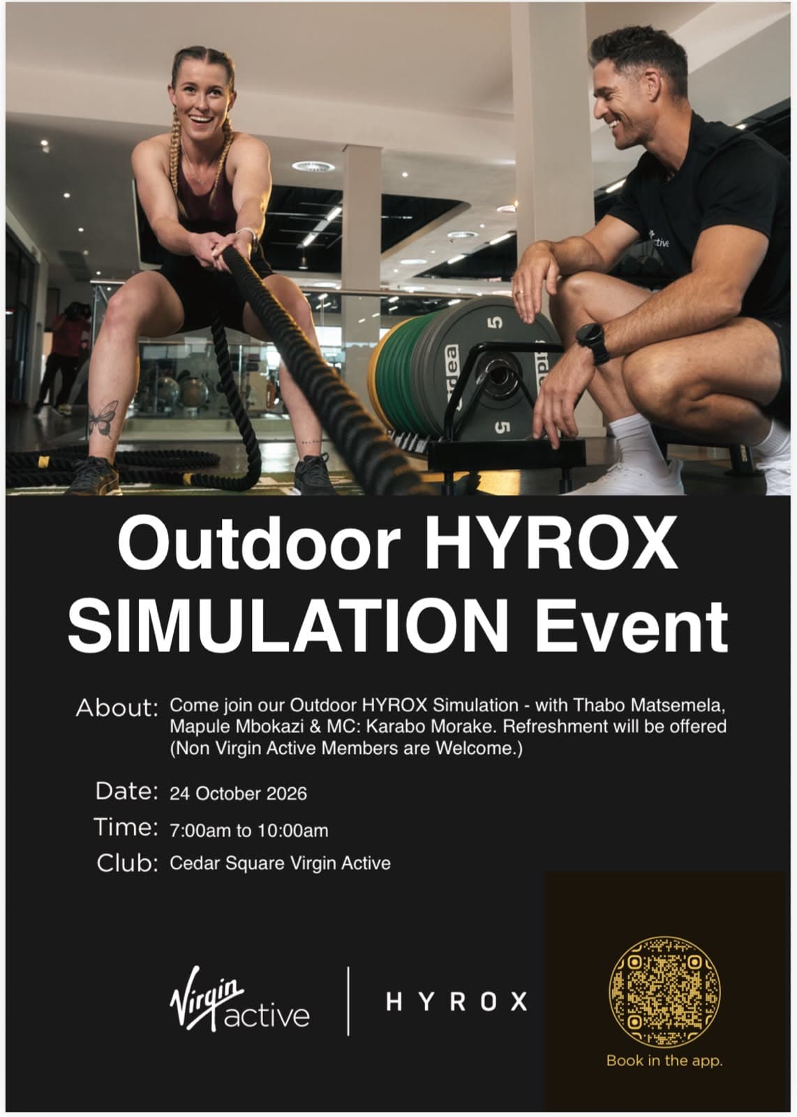 Outdoor HYROX Simulation poster: Saturday 24 October 2026, 07:00 to 10:00, Cedar Square Virgin Active